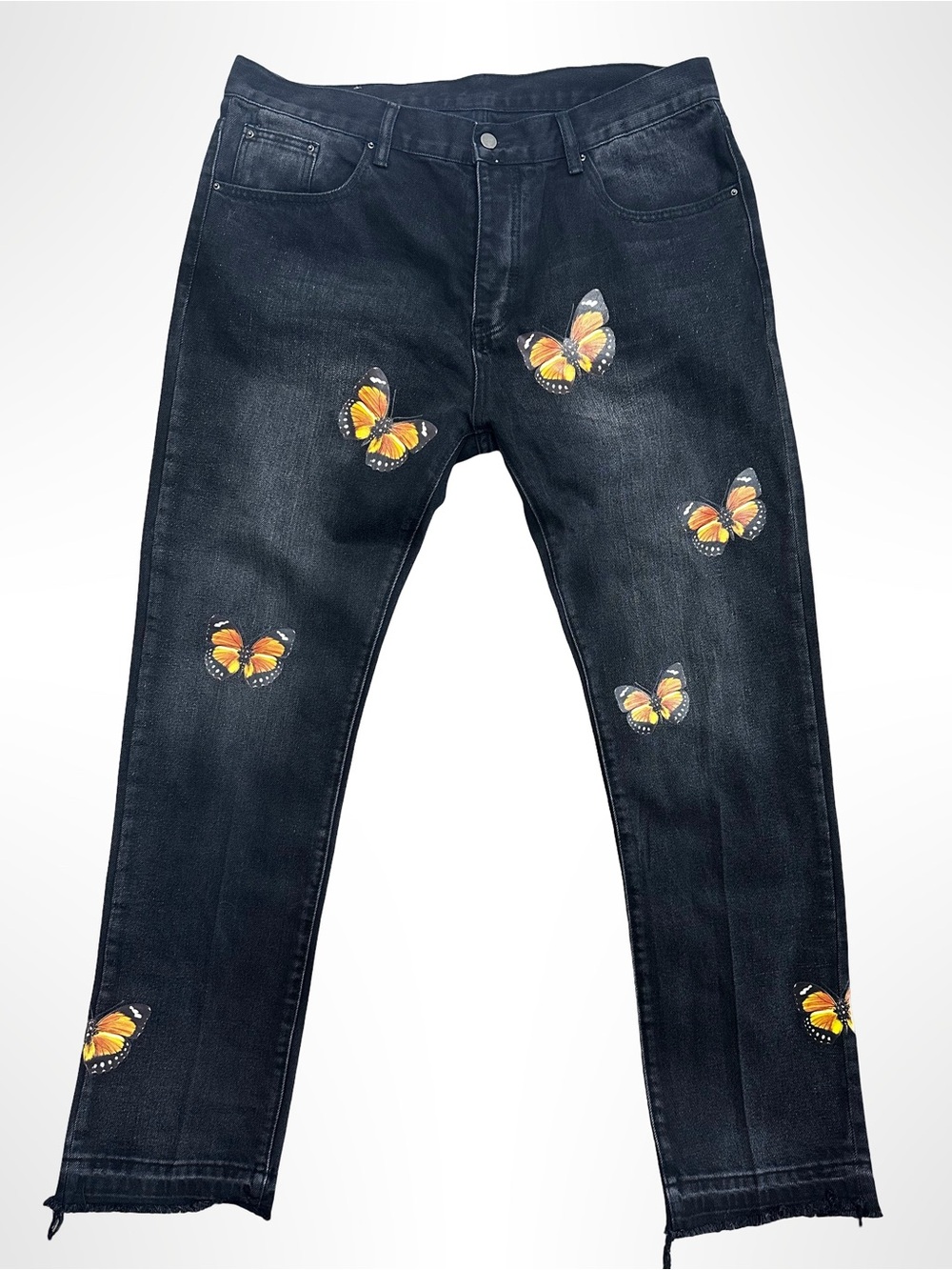 MNML Butterfly Graphic Print Jeans Black Frayed Raw Hem Size 38 Straight Leg
